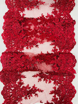 14" Wide Sequins Metallic Trim Lace On Mesh Fabric - Embroidered Sequins, Scalloped Double Border, 14" Width (1 Yard)