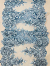 14" Wide Sequins Metallic Trim Lace On Mesh Fabric - Embroidered Sequins, Scalloped Double Border, 14" Width (1 Yard)