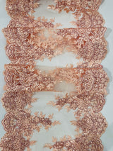 14" Wide Sequins Metallic Trim Lace On Mesh Fabric - Embroidered Sequins, Scalloped Double Border, 14" Width (1 Yard)