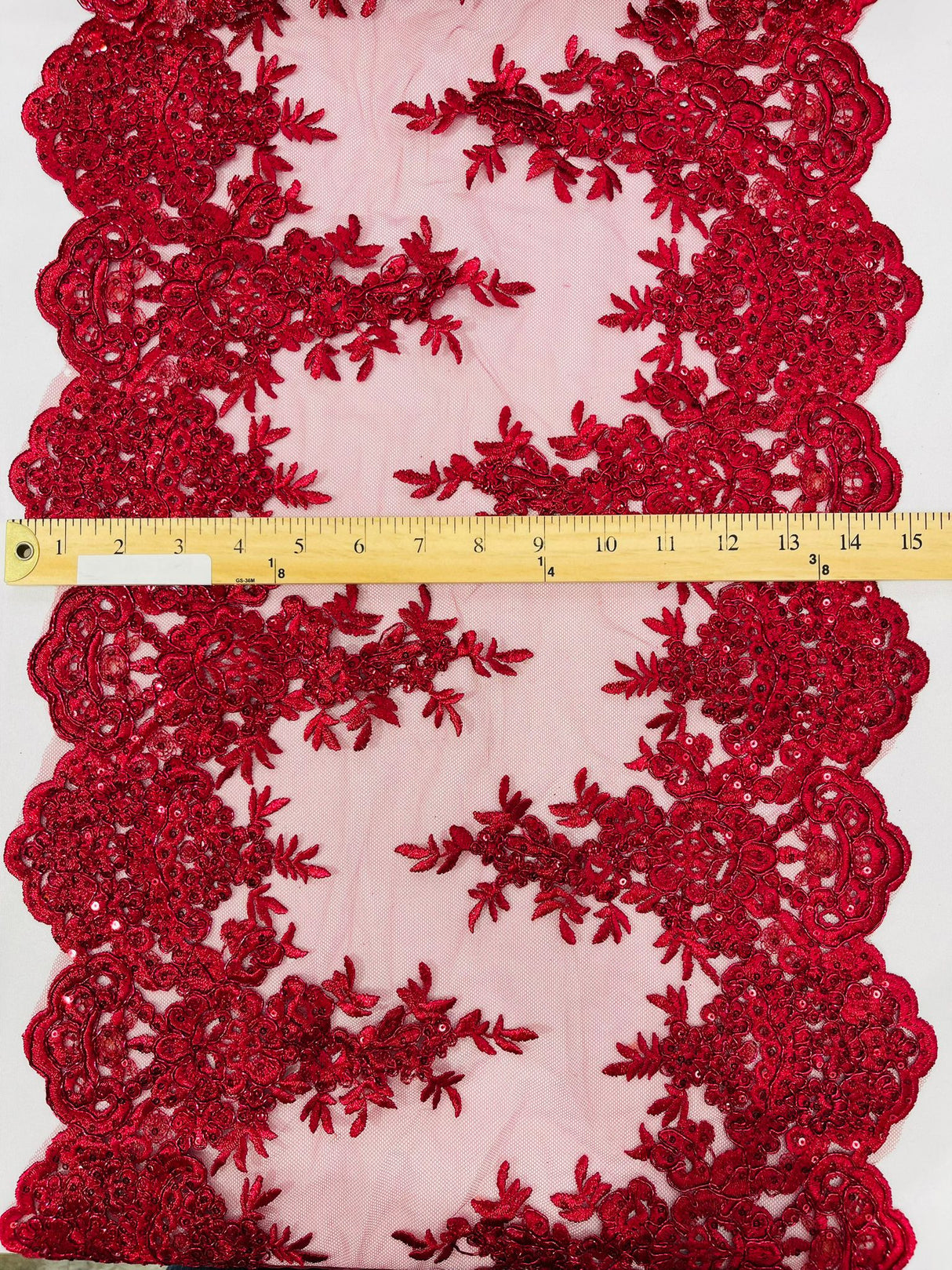 14" Wide Sequins Metallic Trim Lace On Mesh Fabric - Embroidered Sequins, Scalloped Double Border, 14" Width (1 Yard)