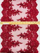 14" Wide Sequins Metallic Trim Lace On Mesh Fabric - Embroidered Sequins, Scalloped Double Border, 14" Width (1 Yard)