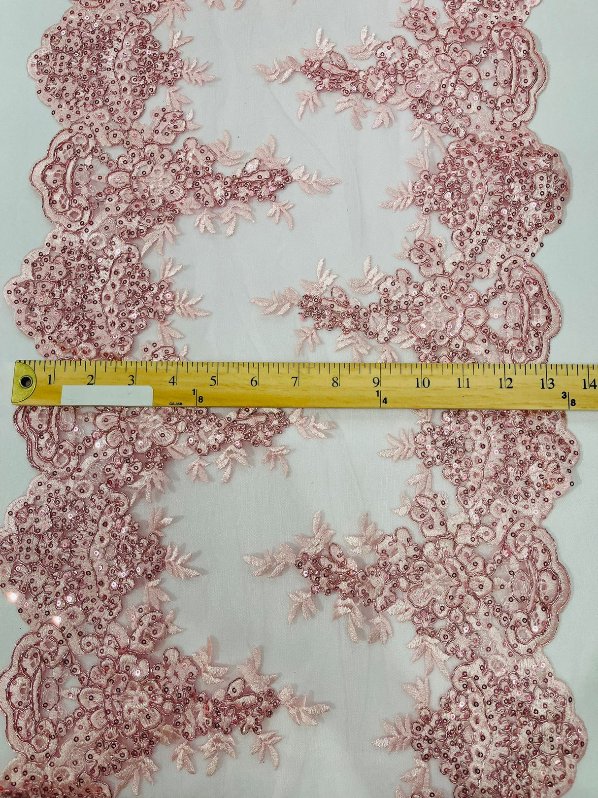14" Wide Sequins Metallic Trim Lace On Mesh Fabric - Embroidered Sequins, Scalloped Double Border, 14" Width (1 Yard)