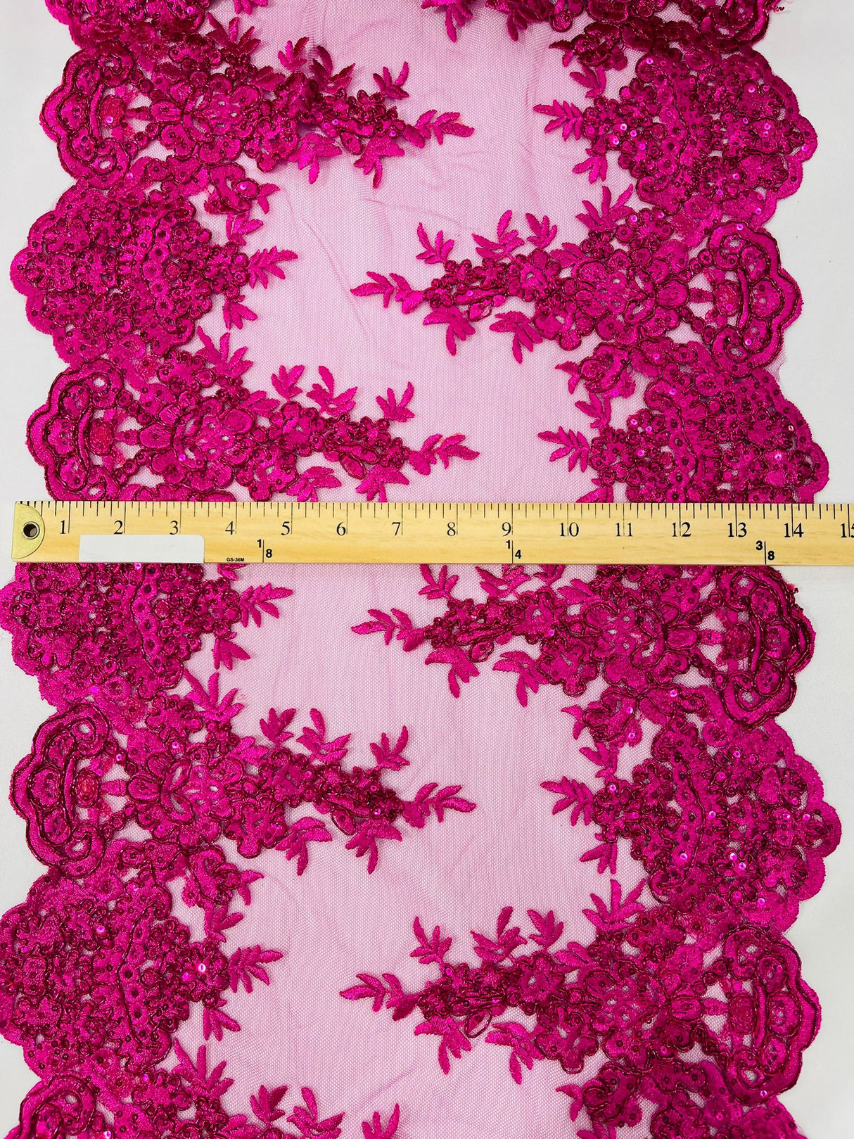 14" Wide Sequins Metallic Trim Lace On Mesh Fabric - Embroidered Sequins, Scalloped Double Border, 14" Width (1 Yard)