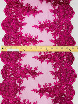 14" Wide Sequins Metallic Trim Lace On Mesh Fabric - Embroidered Sequins, Scalloped Double Border, 14" Width (1 Yard)