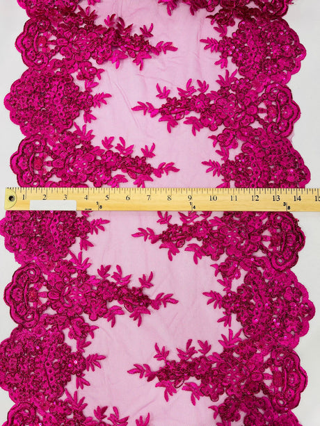 14" Wide Sequins Metallic Trim Lace On Mesh Fabric - Embroidered Sequins, Scalloped Double Border, 14" Width (1 Yard)