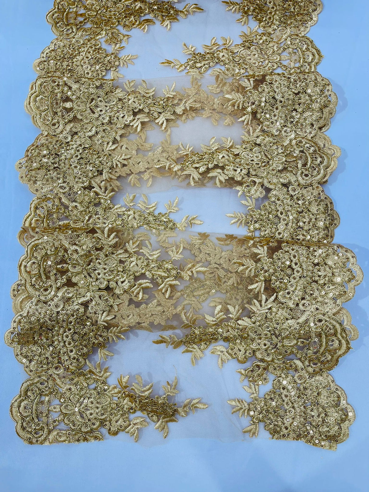 14" Wide Sequins Metallic Trim Lace On Mesh Fabric - Embroidered Sequins, Scalloped Double Border, 14" Width (1 Yard)