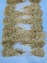 14" Wide Sequins Metallic Trim Lace On Mesh Fabric - Embroidered Sequins, Scalloped Double Border, 14" Width (1 Yard)
