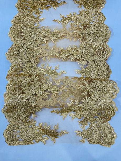 14" Wide Sequins Metallic Trim Lace On Mesh Fabric - Embroidered Sequins, Scalloped Double Border, 14" Width (1 Yard)