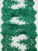 14" Wide Sequins Metallic Trim Lace On Mesh Fabric - Embroidered Sequins, Scalloped Double Border, 14" Width (1 Yard)
