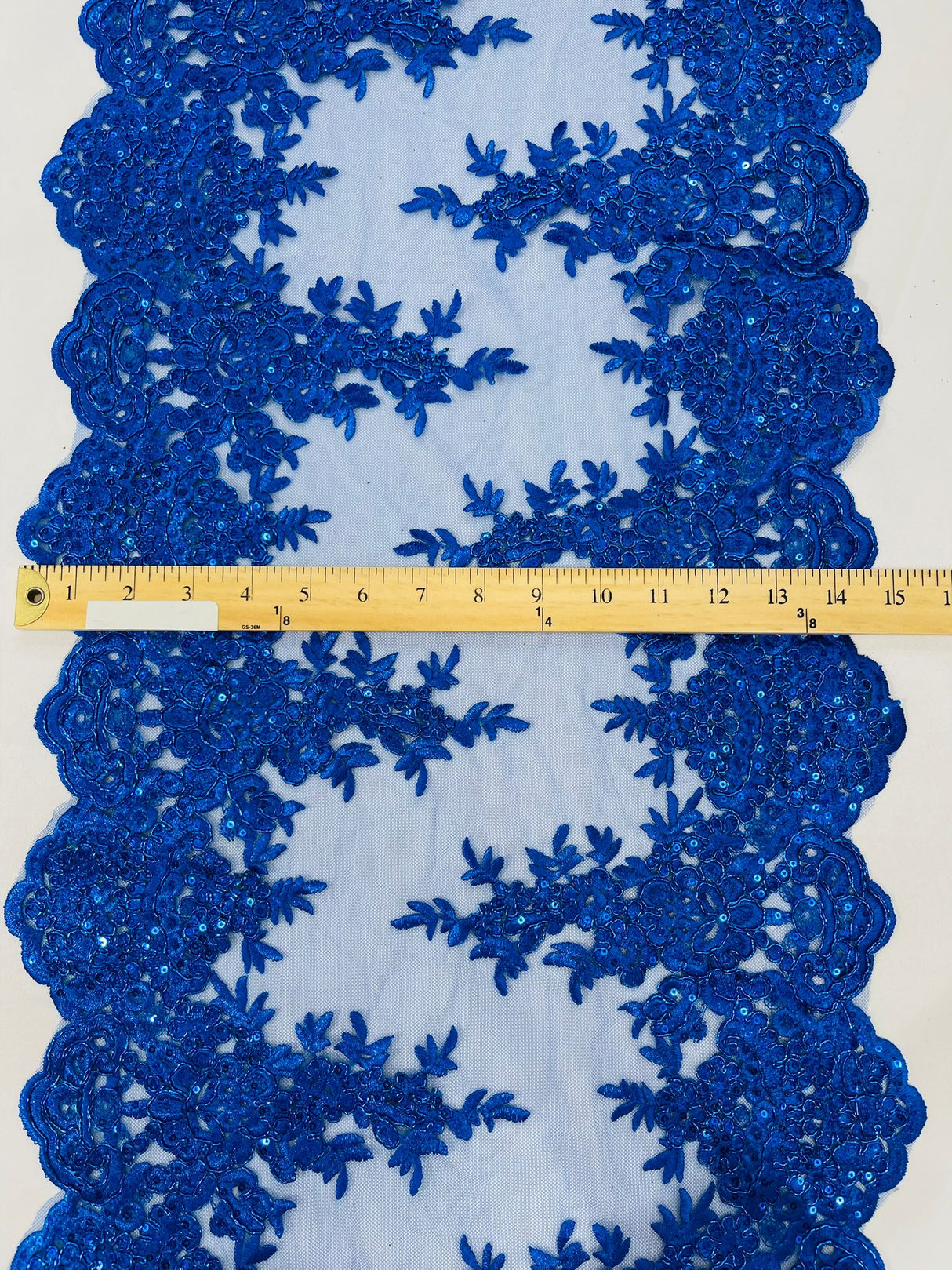 14" Wide Sequins Metallic Trim Lace On Mesh Fabric - Embroidered Sequins, Scalloped Double Border, 14" Width (1 Yard)
