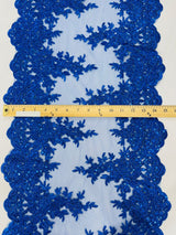 14" Wide Sequins Metallic Trim Lace On Mesh Fabric - Embroidered Sequins, Scalloped Double Border, 14" Width (1 Yard)