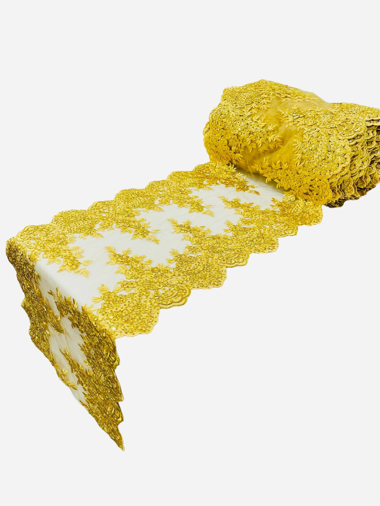 Lace Table Runner Fabric - Embroidered Sequined Metallic Appliques, Scalloped Double Border, 14" Width X 90" Length (1 Piece)