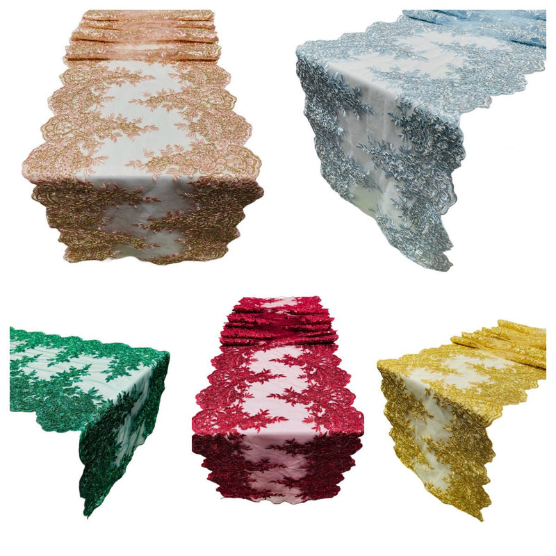 Lace Table Runner Fabric - Embroidered Sequined Metallic Appliques, Scalloped Double Border, 14" Width X 90" Length (1 Piece)