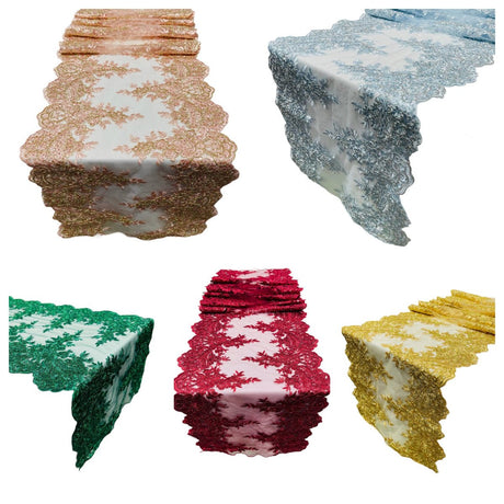 Lace Table Runner Fabric - Embroidered Sequined Metallic Appliques, Scalloped Double Border, 14" Width X 90" Length (1 Piece)