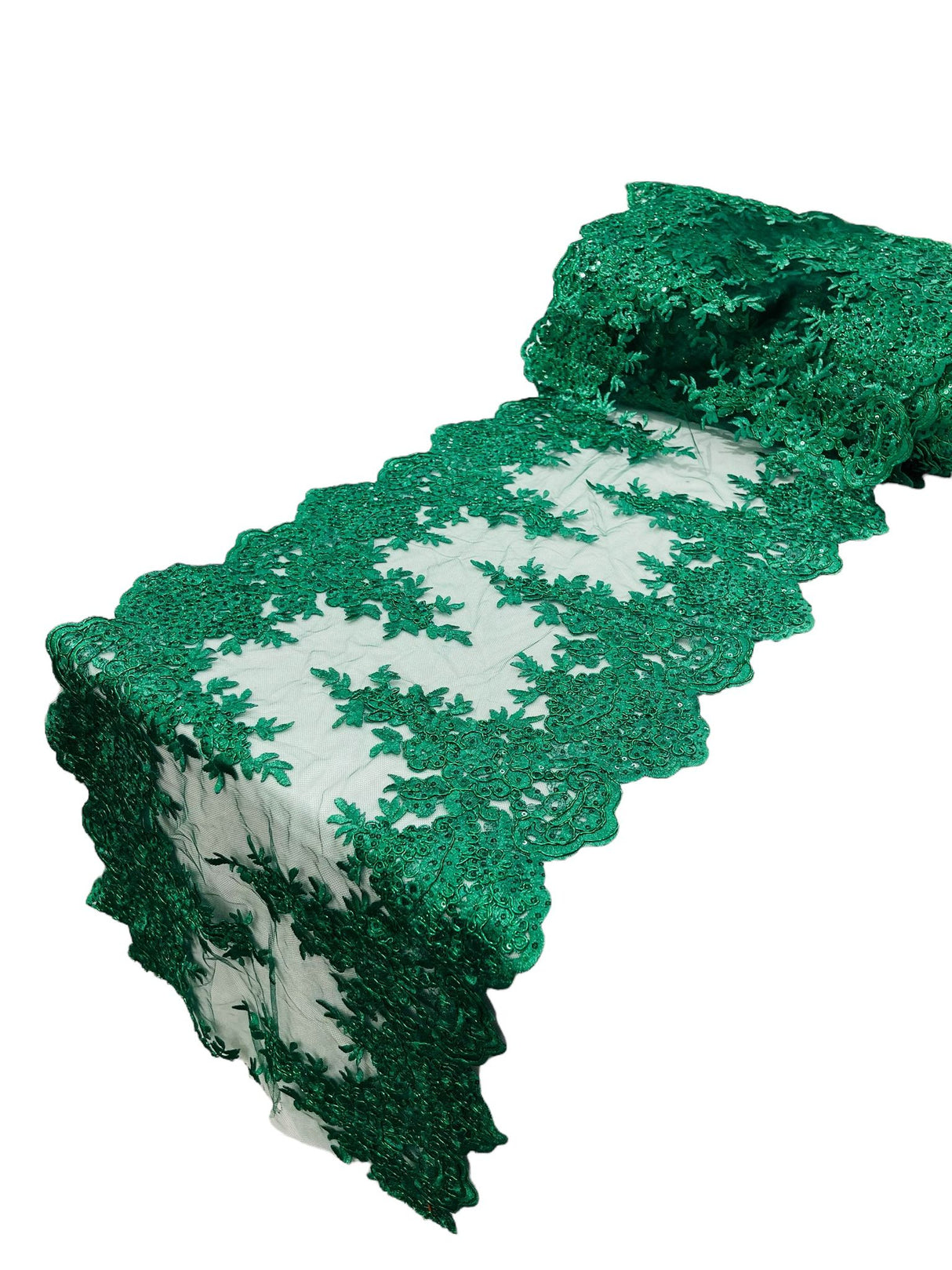 Lace Table Runner Fabric - Embroidered Sequined Metallic Appliques, Scalloped Double Border, 14" Width X 90" Length (1 Piece)
