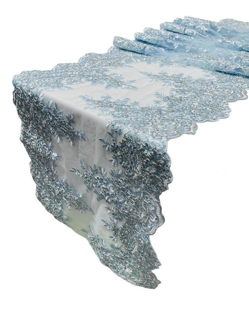Lace Table Runner Fabric - Embroidered Sequined Metallic Appliques, Scalloped Double Border, 14" Width X 90" Length (1 Piece)