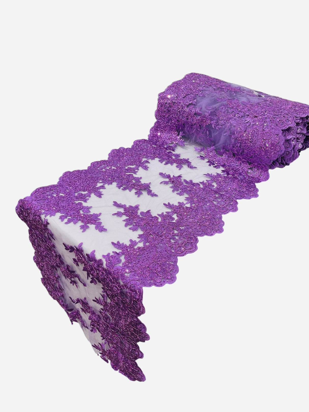 Lace Table Runner Fabric - Embroidered Sequined Metallic Appliques, Scalloped Double Border, 14" Width X 90" Length (1 Piece)