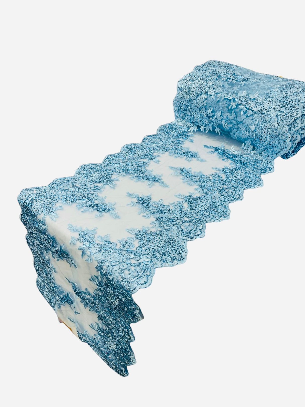Lace Table Runner Fabric - Embroidered Sequined Metallic Appliques, Scalloped Double Border, 14" Width X 90" Length (1 Piece)