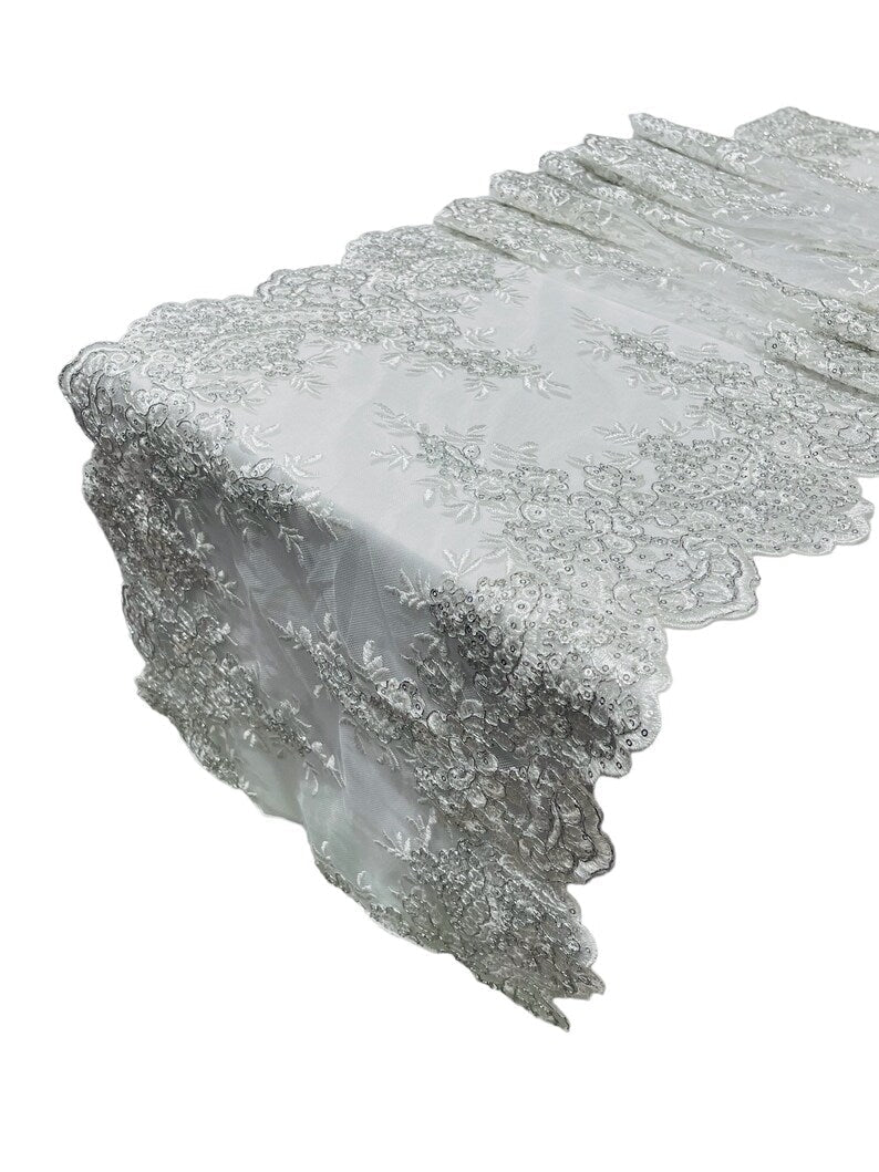 Lace Table Runner Fabric - Embroidered Sequined Metallic Appliques, Scalloped Double Border, 14" Width X 90" Length (1 Piece)