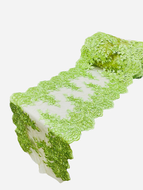 Lace Table Runner Fabric - Embroidered Sequined Metallic Appliques, Scalloped Double Border, 14" Width X 90" Length (1 Piece)