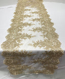Lace Table Runner Fabric - Embroidered Sequined Metallic Appliques, Scalloped Double Border, 14" Width X 90" Length (1 Piece)