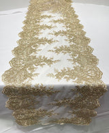 Lace Table Runner Fabric - Embroidered Sequined Metallic Appliques, Scalloped Double Border, 14" Width X 90" Length (1 Piece)