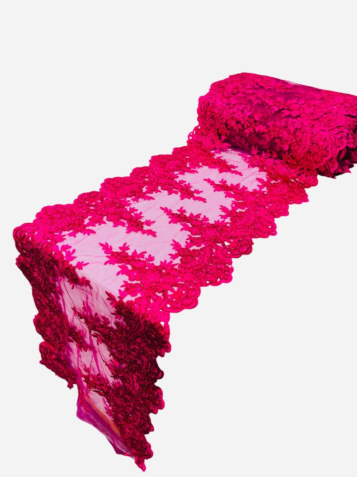 Lace Table Runner Fabric - Embroidered Sequined Metallic Appliques, Scalloped Double Border, 14" Width X 90" Length (1 Piece)