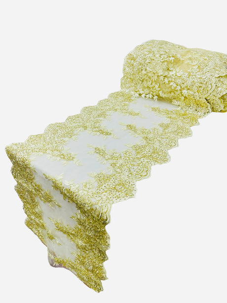 Lace Table Runner Fabric - Embroidered Sequined Metallic Appliques, Scalloped Double Border, 14" Width X 90" Length (1 Piece)