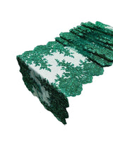 Lace Table Runner Fabric - Embroidered Sequined Metallic Appliques, Scalloped Double Border, 14" Width X 90" Length (1 Piece)