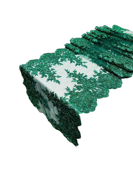 Lace Table Runner Fabric - Embroidered Sequined Metallic Appliques, Scalloped Double Border, 14" Width X 90" Length (1 Piece)