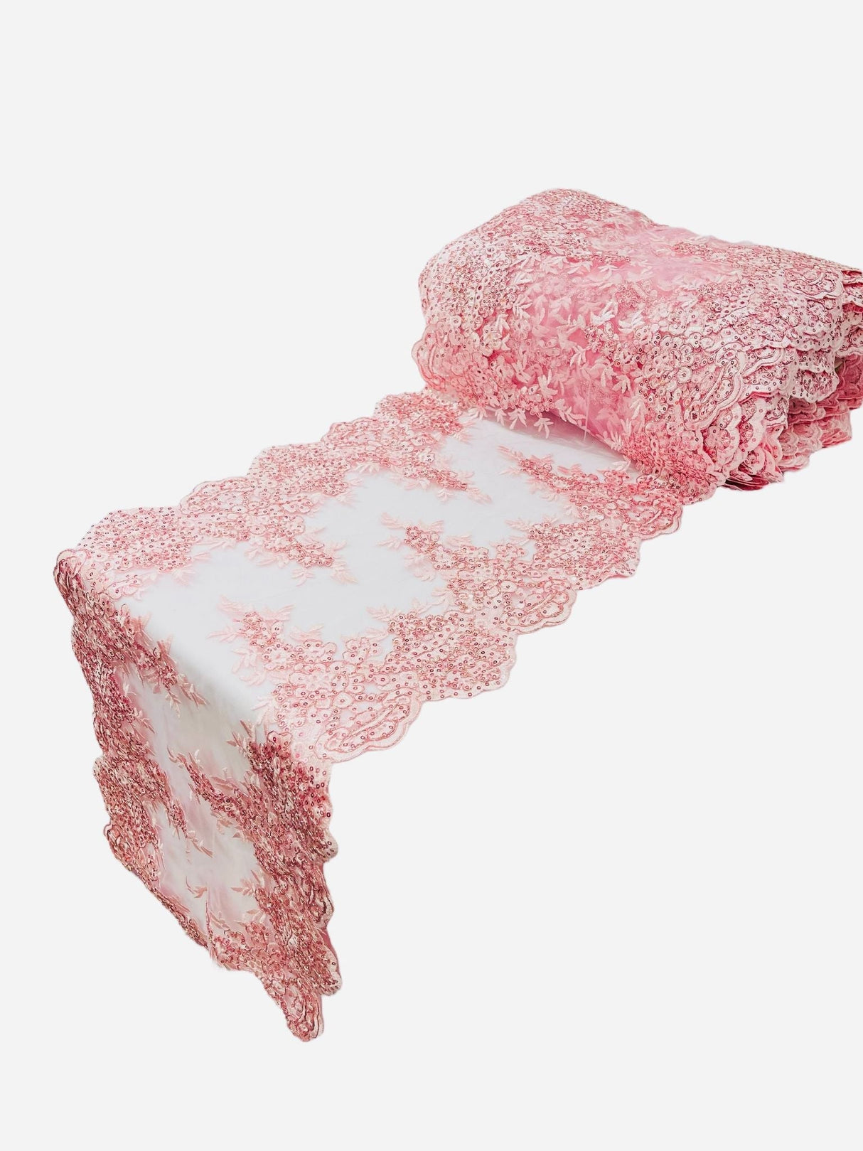 Lace Table Runner Fabric - Embroidered Sequined Metallic Appliques, Scalloped Double Border, 14" Width X 90" Length (1 Piece)