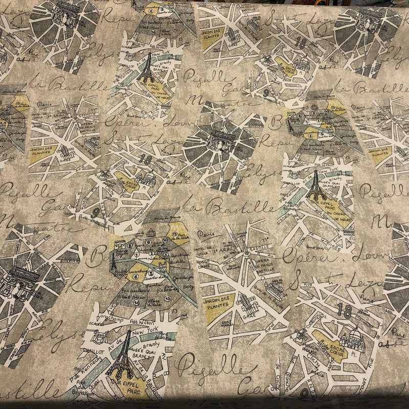Waverly Mapped Out SD Graphite Paris 100 Percent Cotton Fabric - Pewter Grey, Blue Grey, Oyster White, Stone Grey, Black, Paris Bistro Print, 54" Width (1 Yard)