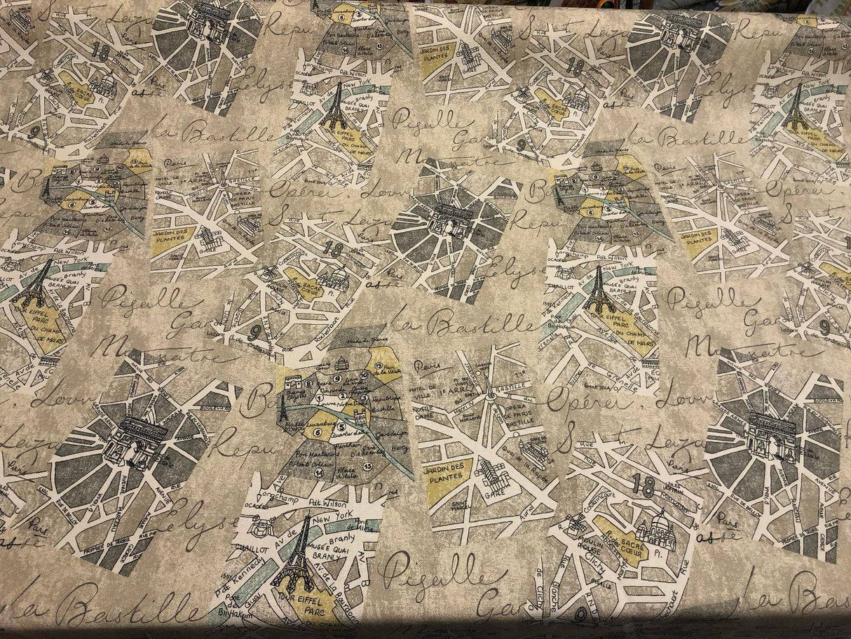 Waverly Mapped Out SD Graphite Paris 100 Percent Cotton Fabric - Pewter Grey, Blue Grey, Oyster White, Stone Grey, Black, Paris Bistro Print, 54" Width (1 Yard)
