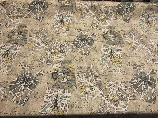 Waverly Mapped Out SD Graphite Paris 100 Percent Cotton Fabric - Pewter Grey, Blue Grey, Oyster White, Stone Grey, Black, Paris Bistro Print, 54" Width (1 Yard)