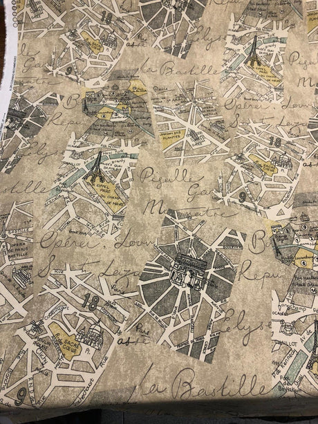 Waverly Mapped Out SD Graphite Paris 100 Percent Cotton Fabric - Pewter Grey, Blue Grey, Oyster White, Stone Grey, Black, Paris Bistro Print, 54" Width (1 Yard)