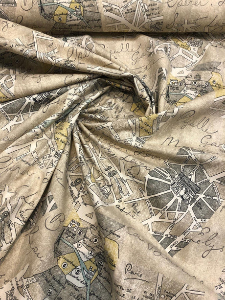 Waverly Mapped Out SD Graphite Paris 100 Percent Cotton Fabric - Pewter Grey, Blue Grey, Oyster White, Stone Grey, Black, Paris Bistro Print, 54" Width (1 Yard)