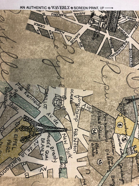 Waverly Mapped Out SD Graphite Paris 100 Percent Cotton Fabric - Pewter Grey, Blue Grey, Oyster White, Stone Grey, Black, Paris Bistro Print, 54" Width (1 Yard)