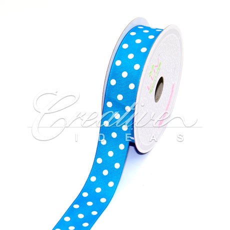7/8" Grosgrain White Polka Dots Ribbon - 10 Yards (Turquoise)