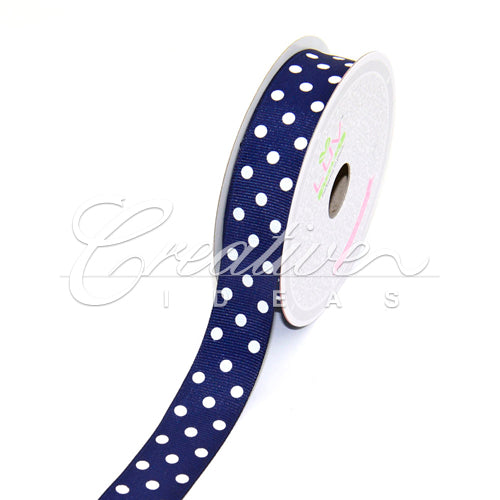 7/8" Grosgrain White Polka Dots Ribbon - 10 Yards (Navy Blue)