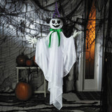 39 1/4" Animated Hanging Smiling Ghost with Witch Hat and Green Bow Halloween Decoration