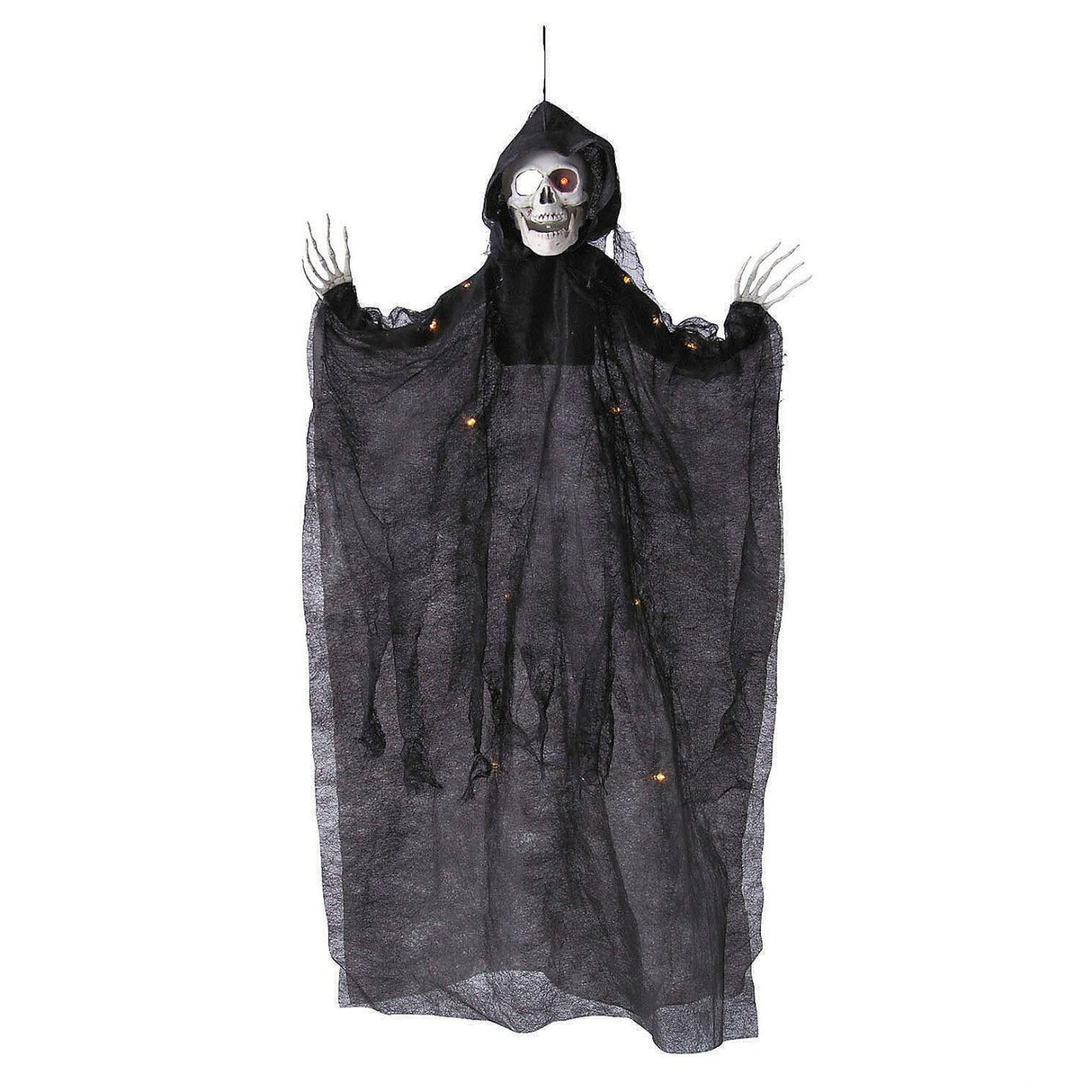 35 1/2" Hanging Light Up Skeleton with Hooded Black Cloak Halloween Decoration