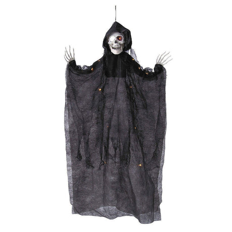 35 1/2" Hanging Light Up Skeleton with Hooded Black Cloak Halloween Decoration