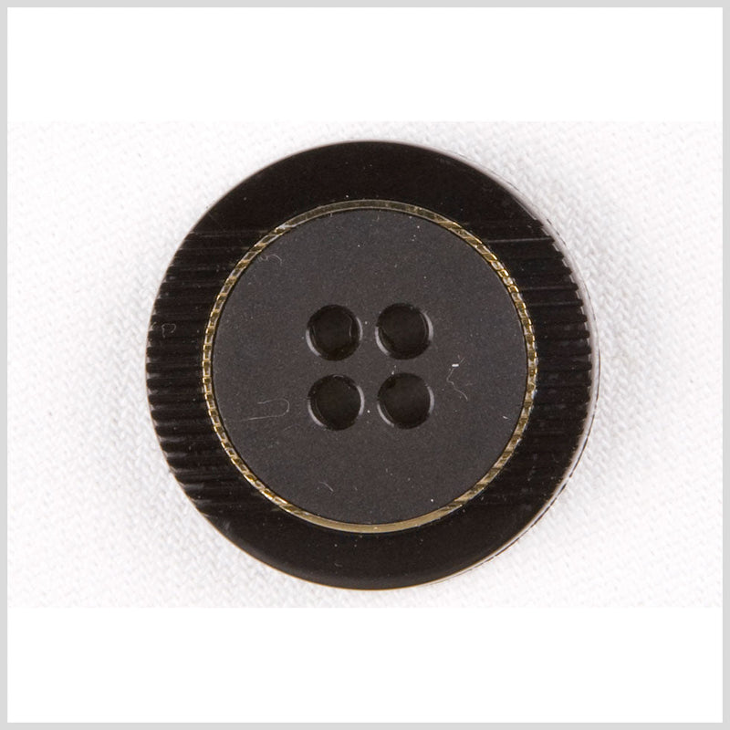 Plastic 4-Hole Button - 44L/28mm - Black Ribbed Rim and Gold Inlay