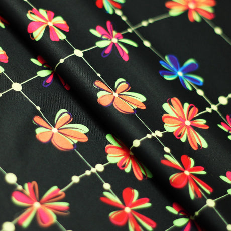 Ribbons Link Polyester Spandex Fabric - Multi Floral Print on Black, 60" Width (1 Yard)