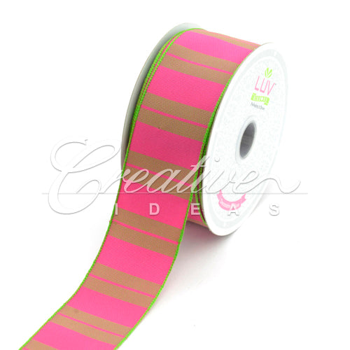 1 1/2" Two Tone Color With Stripes Ribbon - 10 Yards (Hot Pink)