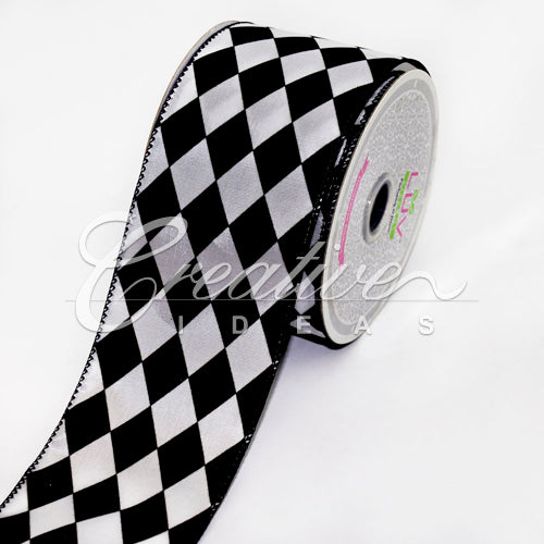 2 1/2" Polyester Diamond Harlequin Ribbon - 10 Yards (White/Black)