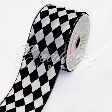 2 1/2" Polyester Diamond Harlequin Ribbon - 10 Yards (White/Black)