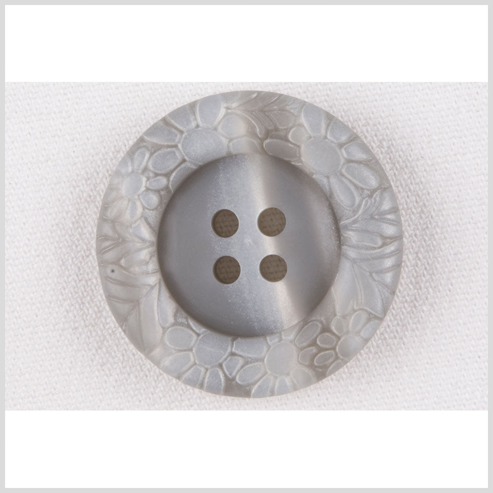 Plastic 4-Hole Button - 44L/28mm - Light Gray Streaked Floral Embossed Rim