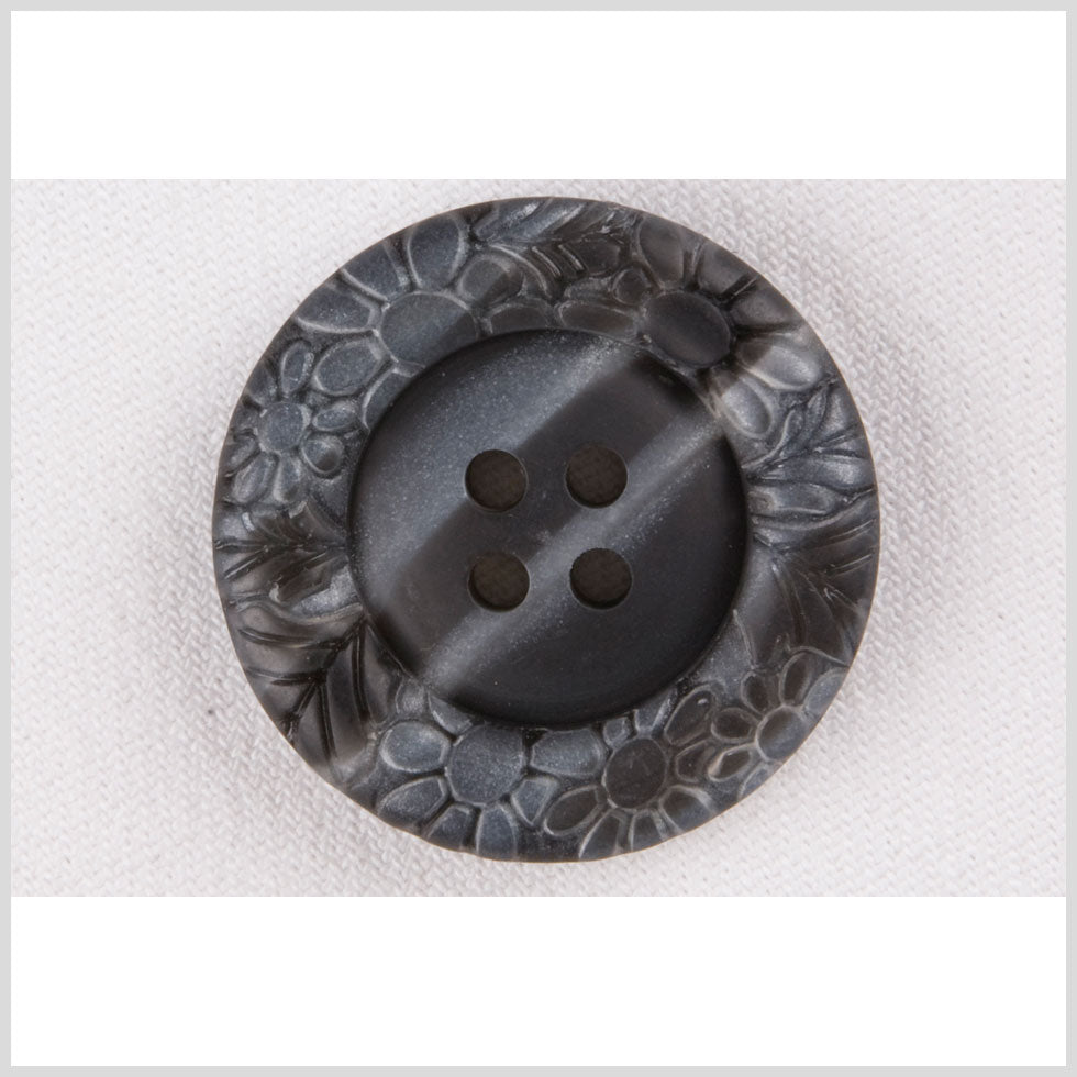 Plastic 4-Hole Button - 40L/25.5mm - Dark Gray Streaked Floral Embossed Rim