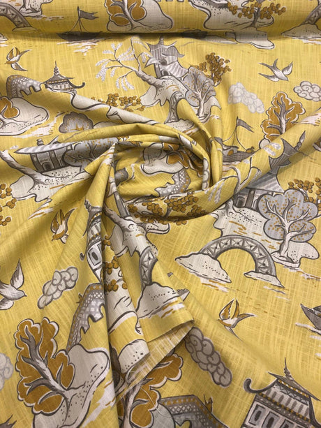 Xanadu Modern Chinoiserie Toile Cotton Fabric - Lemon Drop Yellow, 27" Horizontal Repeat, 27" Vertical Repeat, 56" Width (1 Yard)